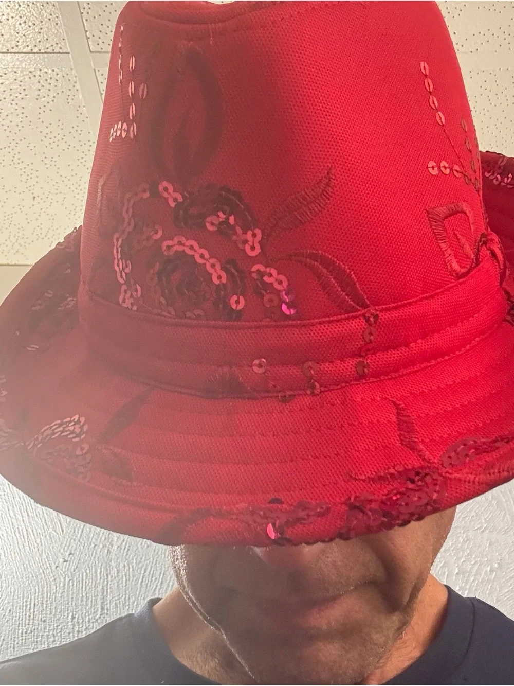 Women’s  Red Sequin Flower Fedora Hat New SZ M/L Embroidered Floral